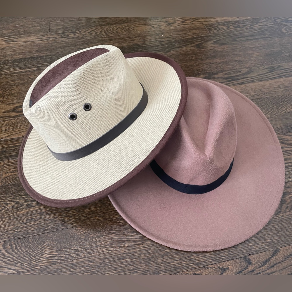 Selling both as a set. Two hats - one cream, one mauve brown